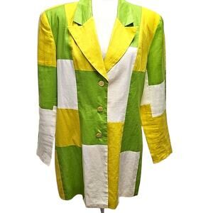 JSong Womens Green Yellow White Button Color Block Linen Blazer Jacket Size 12